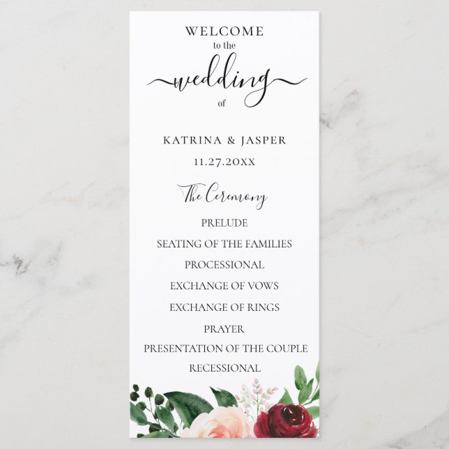 Burgundy Blush Watercolor Floral Wedding Program (Front)