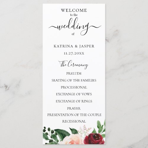 Burgundy Blush Watercolor Floral Wedding Program