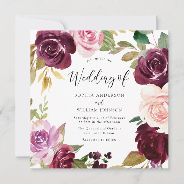 Burgundy Blush Watercolor Floral Wreath Wedding Invitation (Front)