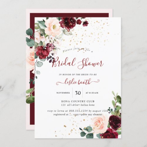 Burgundy Blush Watercolor Flowers Bridal Shower Invitation