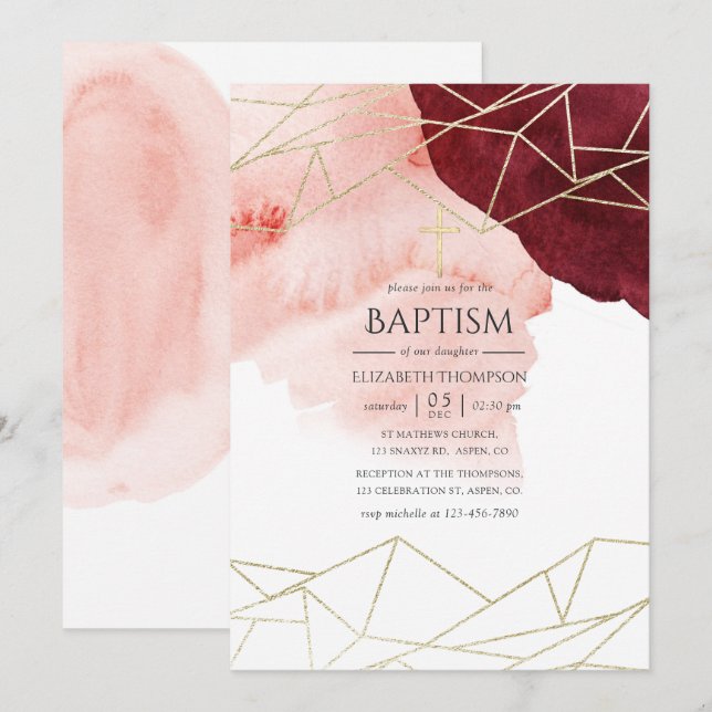 Burgundy Blush Watercolor Geometric Baptism Invitation (Front/Back)
