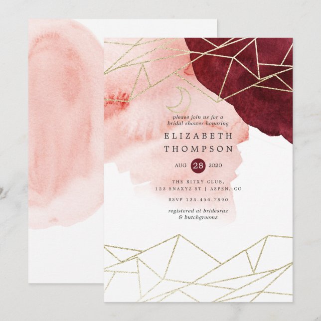 Burgundy Blush Watercolor Geometric Bridal Shower Invitation (Front/Back)
