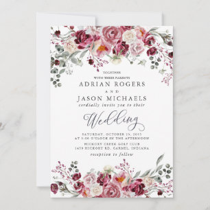 Burgundy & Blush Watercolor Peony Roses Wedding Invitation