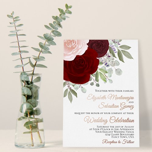 Burgundy  Blush Watercolor Roses Elegant Wedding Foil Invitation