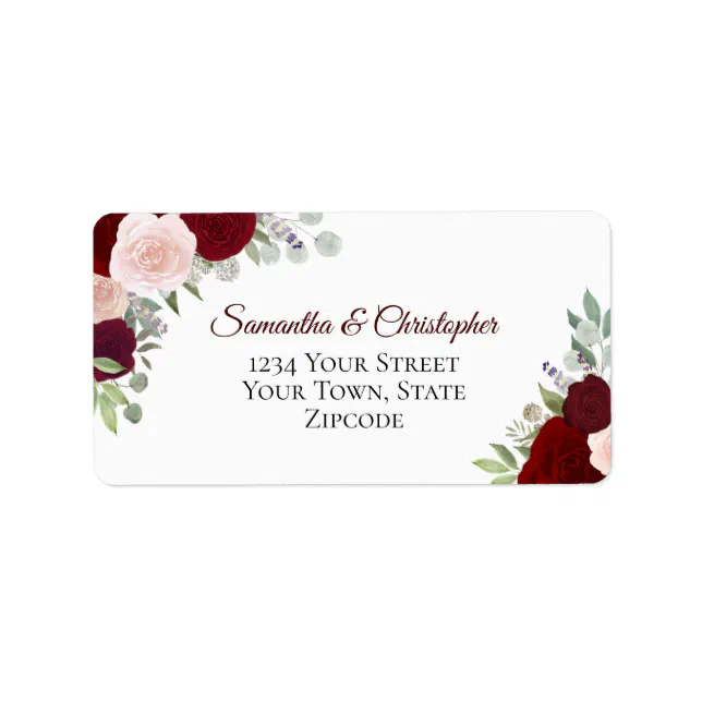 Burgundy & Blush Watercolor Roses Wedding Address Label | Zazzle