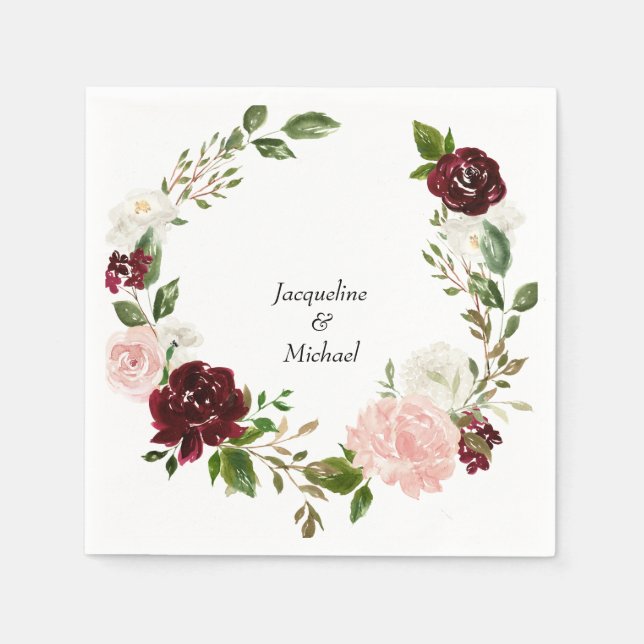 Burgundy & Blush Wedding Custom Names Cocktail Napkins (Front)