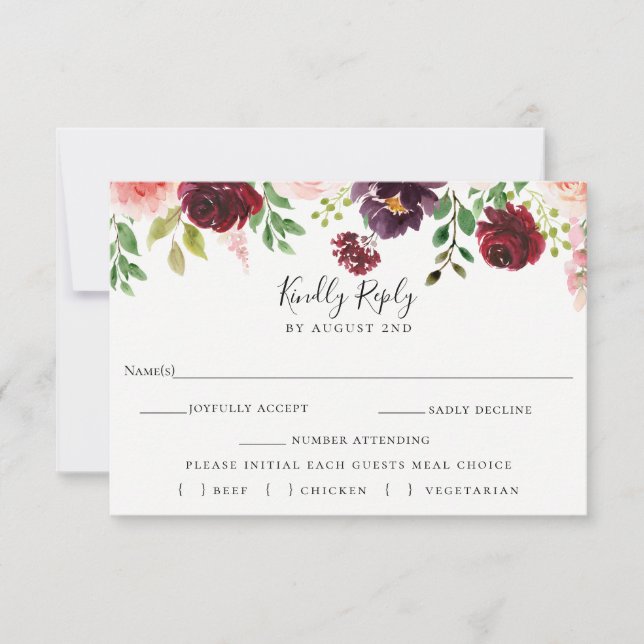Burgundy Blush Wedding RSVP Meal Choice Card (Front)
