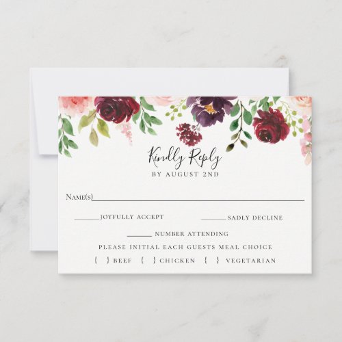 Burgundy Blush Wedding RSVP Meal Choice Card