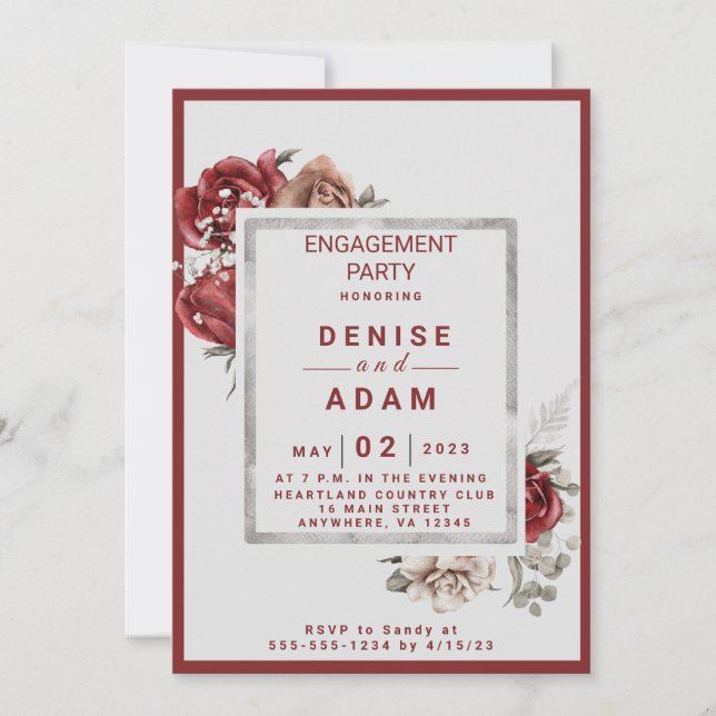 Burgundy, Blush, White Roses Engagement Party  Invitation (Front)