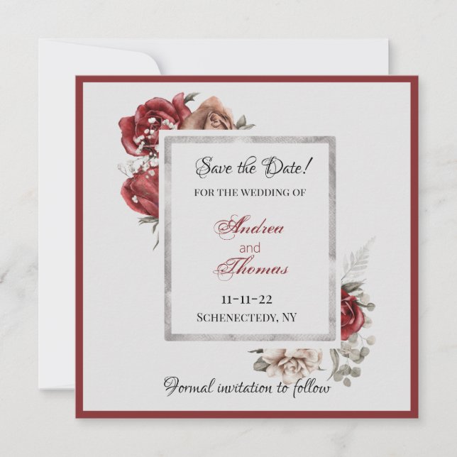 Burgundy, Blush, White Roses Save the Date Invitation (Front)