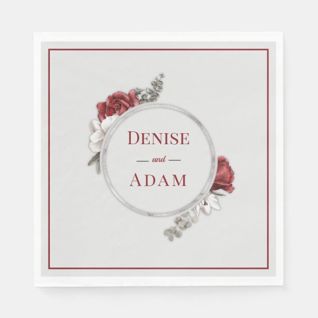 Burgundy Blush & White Roses Silver Foil    Napkins (Front)