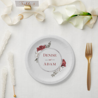 Burgundy Blush & White Roses Silver Foil  Paper Plates