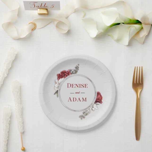 Burgundy Blush & White Roses Silver Foil  Paper Plates (Wedding)