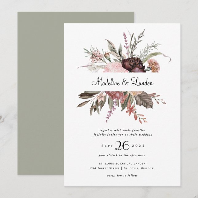 Burgundy Blush Wildflower Wedding Invitation (Front/Back)