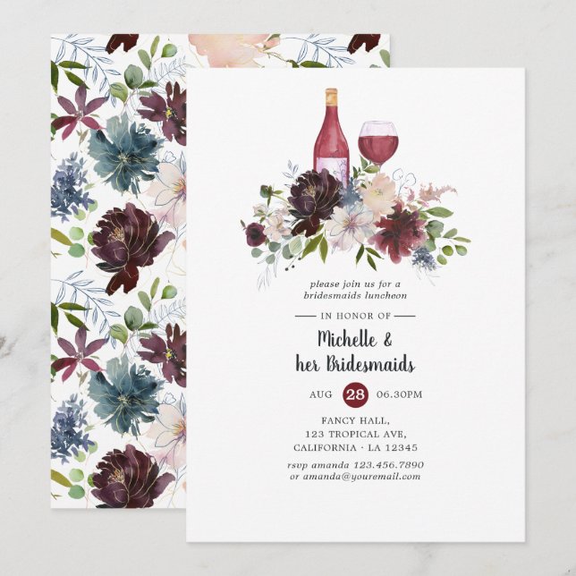 Burgundy & Blush Wine Tasting Bridesmaids Luncheon Invitation (Front/Back)