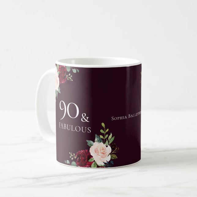 Burgundy Blush Womans 90th Birthday Party Gift Coffee Mug (Front Left)
