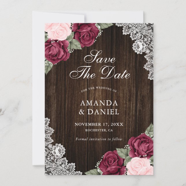 Burgundy Blush Wood Floral Wedding Photo Save The Date (Front)