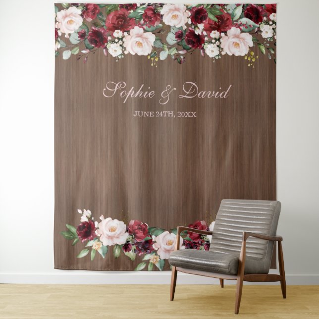 Burgundy Blush Wood Wedding Photo Booth Backdrop (In Situ)
