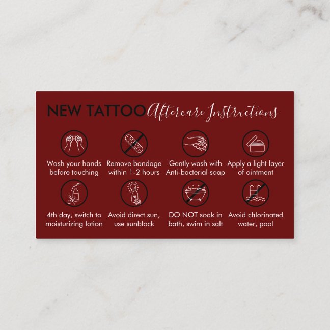 Burgundy Body Art Aftercare Instructions Tattoo Business Card