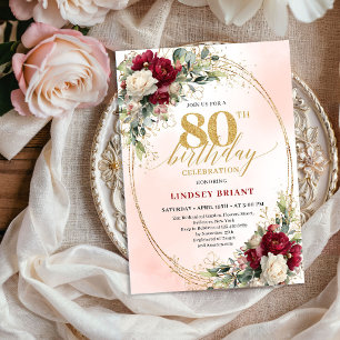 Burgundy Bohemian Chic 80th Birthday Celebration  Invitation