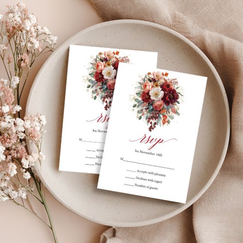 Burgundy Bohemian Fall Flowers Greenery RSVP Card