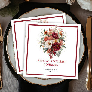 Burgundy Bohemian Fall Flowers Greenery Wedding  Napkins