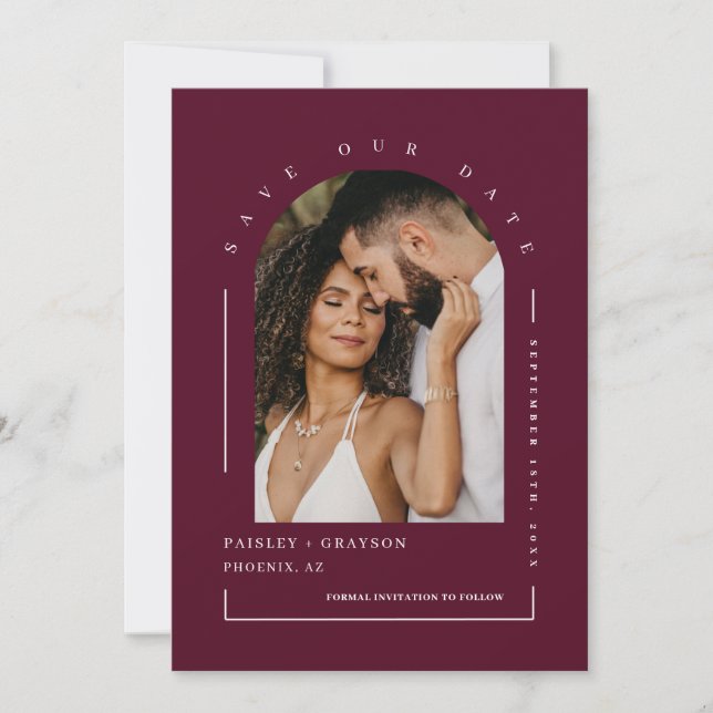 Burgundy Boho Arch Photo QR Code Save Our Date Invitation (Front)
