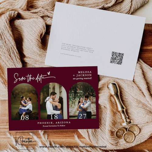 Burgundy Boho Arch Photo QR Code Save the Date Invitation