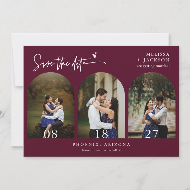 Burgundy Boho Arch Photo QR Code Save the Date Invitation (Front)