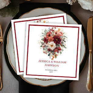 Burgundy Boho Autumn Flowers Greenery Wedding Napkins