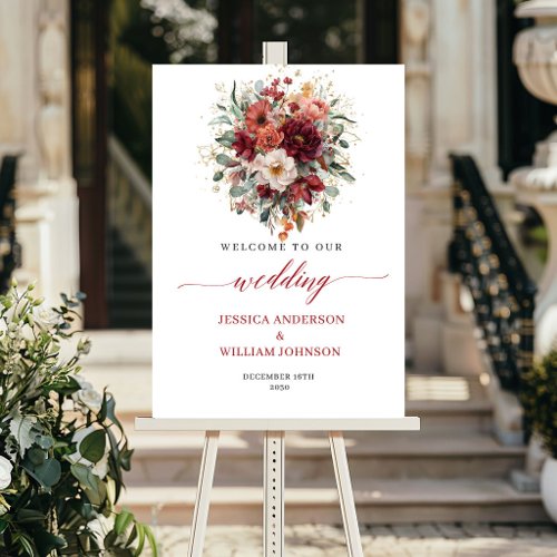 Burgundy Boho Autumn Flowers Greenery Wedding Sign