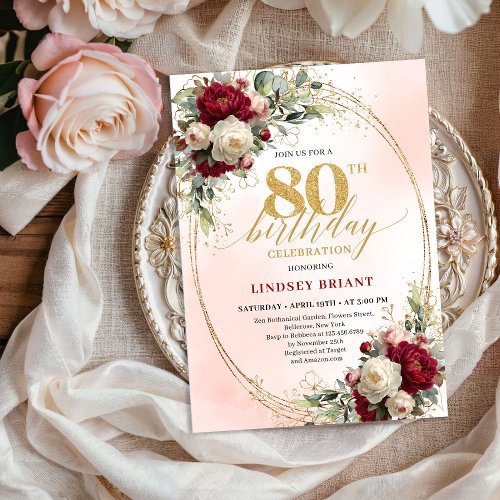 Burgundy Boho Chic Floral 80th Birthday Party 