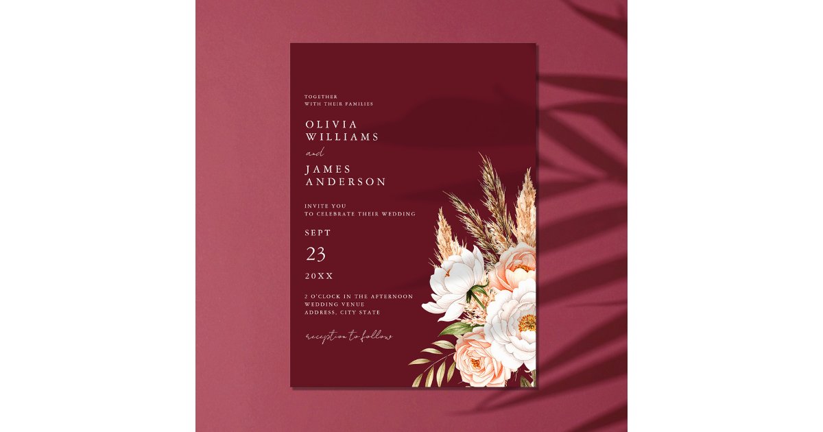 Burgundy Boho Chic Floral Wedding Invitation | Zazzle