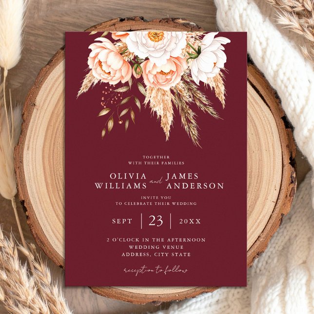 Burgundy Boho Chic Floral Wedding  Invitation (Creator Uploaded)