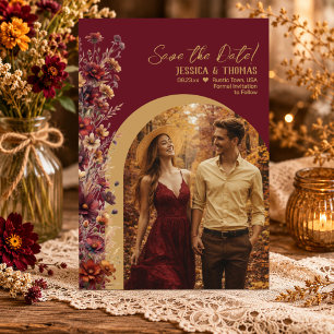 Burgundy Boho Chic Wildflowers Arch Photo Wedding Save The Date
