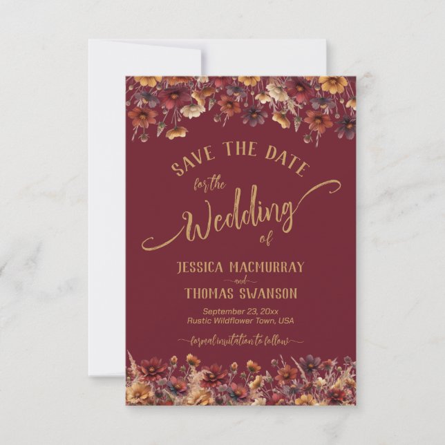 Burgundy Boho Chic Wildflowers Calligraphy Wedding Save The Date (Front)