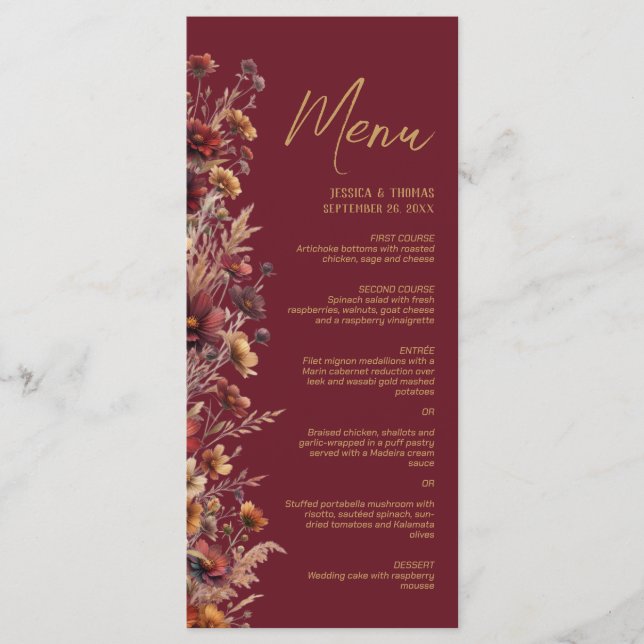 Burgundy Boho Chic Wildflowers Elegant Wedding Menu (Front)