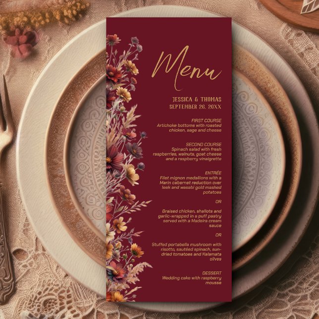 Burgundy Boho Chic Wildflowers Elegant Wedding Menu (Creator Uploaded)