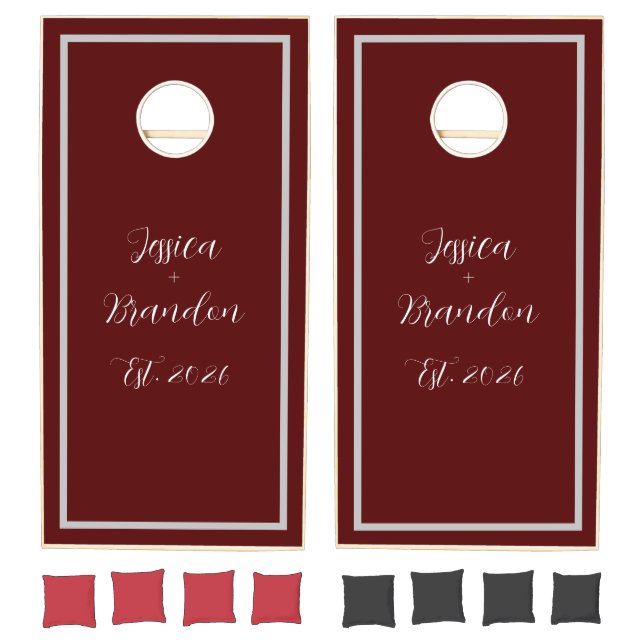 Burgundy Boho Elegant Modern Newlyweds Wedding Cornhole Set (Set)