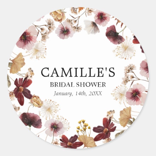 Burgundy  Boho Fall Bridal Shower Classic Round Sticker (Front)