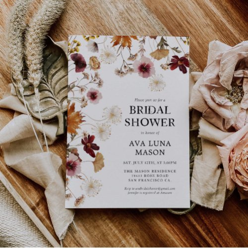 Burgundy Boho Fall Floral Bridal Shower Invitation