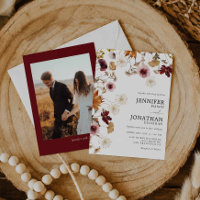 Burgundy Boho Fall Floral Photo Wedding Invitation