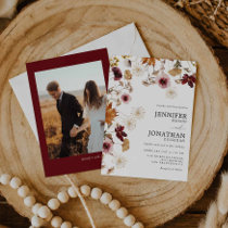 Burgundy Boho Fall Floral Photo Wedding Invitation