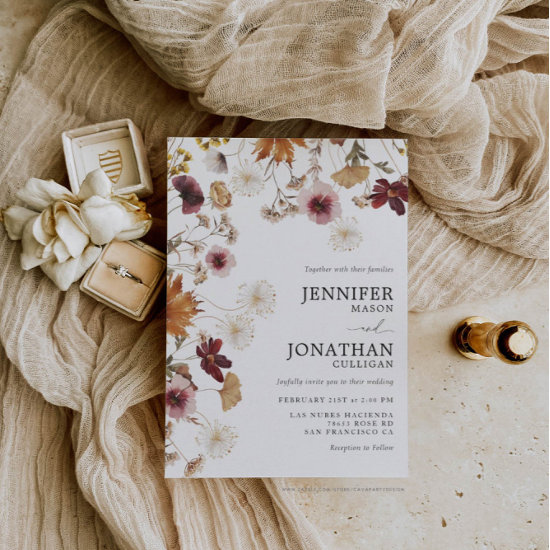 Burgundy Boho Fall Floral Photo Wedding Invitation