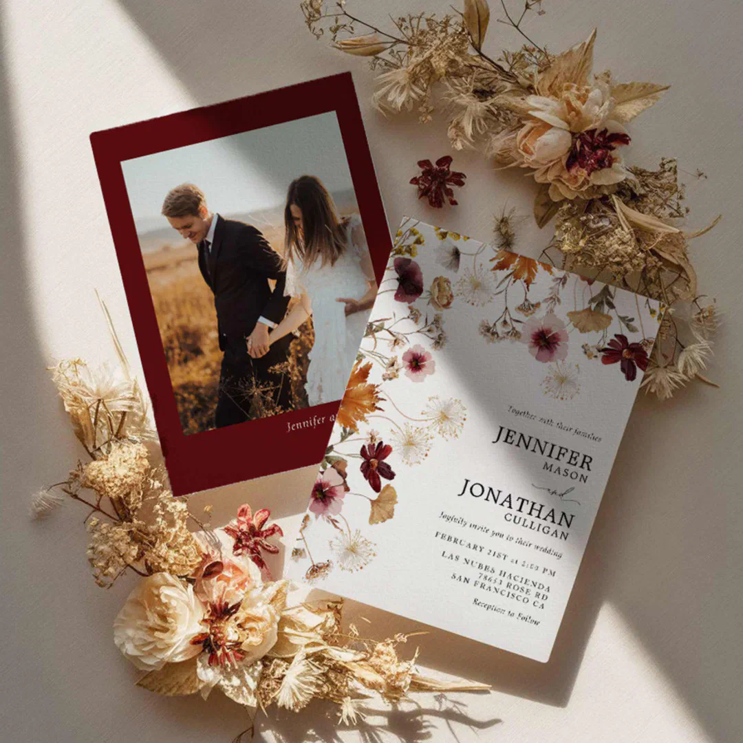 Burgundy Boho Fall Floral Photo Wedding Invitation
