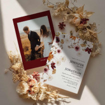 Burgundy Boho Fall Floral Photo Wedding Invitation