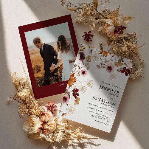 Burgundy Boho Fall Floral Photo Wedding Invitation