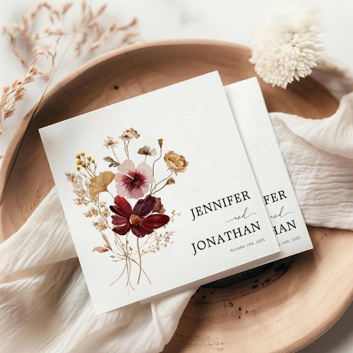 Burgundy Boho Fall Floral Photo Wedding Invitation Napkins