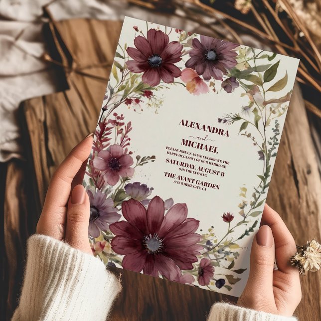Burgundy Boho Fall Floral Wedding Invitation (Creator Uploaded)