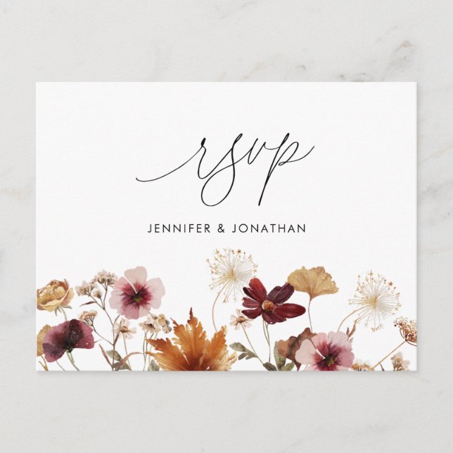 Burgundy Boho Fall Floral Wedding RSVP Post Card (Front)